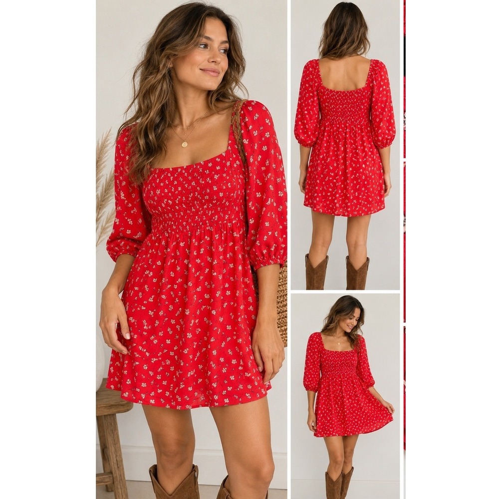 Sanctuary Floral Mini Dress Womens 4 Cottagecore Romantic Red Puff Sleeve Smock